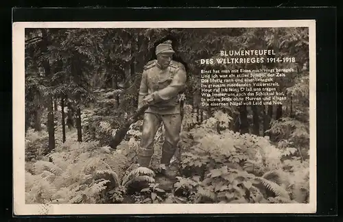 AK Innsbruck, Blumenteufel des Weltkrieges 1914-1918, Statue eines Soldaten in Uniform