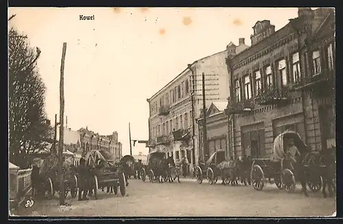 AK Kowel, Strassenpartie mit Pferdekutschen