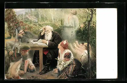 Künstler-AK Tolstoj und die Leiden seines Volkes, Tolstoj parmi les souffrances de son pays