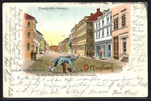 Lithographie Offenbach a. M., Frankfurter Strasse, Hund beisst Mann