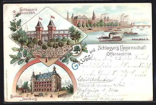 Lithographie Offenbach a. M., Gasthof Schlosser`s Liegenschaft, Schloss Isenburg