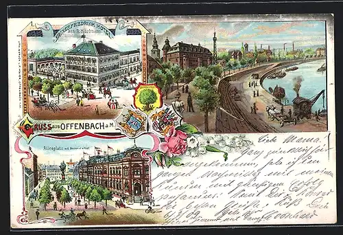 Lithographie Offenbach, Hotel Kaiser Friedrich von R. Hartmann, Aliceplatz mit Denkmal & Post, Wappen