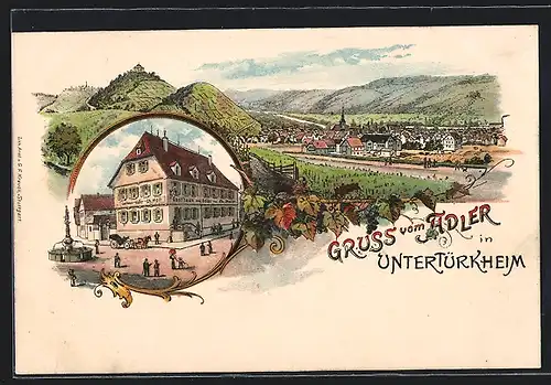 Lithographie Untertürkheim, Gasthaus zum Adler, Ortsansicht