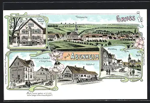 Lithographie Abenheim, Restaurant zum Bahnhof, Krieger-Denkmal, Bahnhof, Ortsansicht