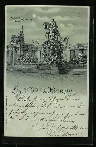 Lithographie Berlin, Denkmal Kaiser Wilhelm der Grosse