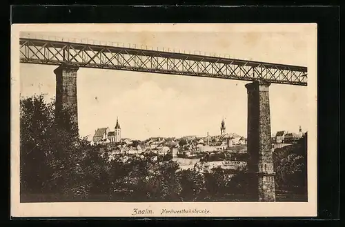 AK Znaim, Panorama mit Nordwestbahnbrücke