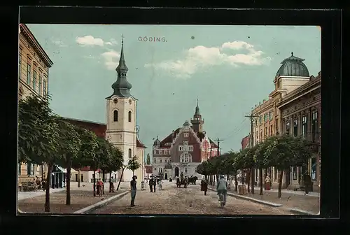 AK Göding, Strassenpartie mit Kirche