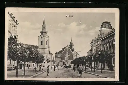 AK Göding, Strassenpartie mit Kirche