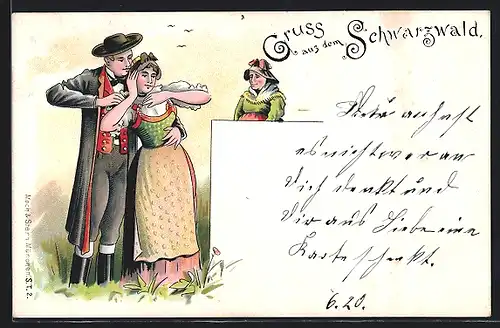 Lithographie Schwarzwald, Paar in Schwarzwälder Tracht