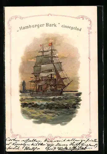 Lithographie Hamburger Bark einsegelnd