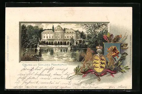 Passepartout-Lithographie Ludwigsburg, Partie am Schloss Monrepos mit Wappen