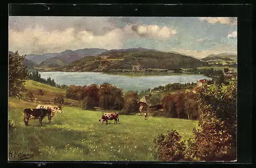 Künstler-AK Heinrich Hoffmann: Titisee mit Feldberg und weidenden Kühen