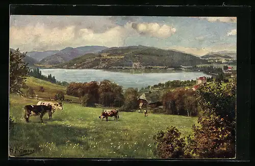 Künstler-AK Heinrich Hoffmann: Titisee mit Feldberg und weidenden Kühen