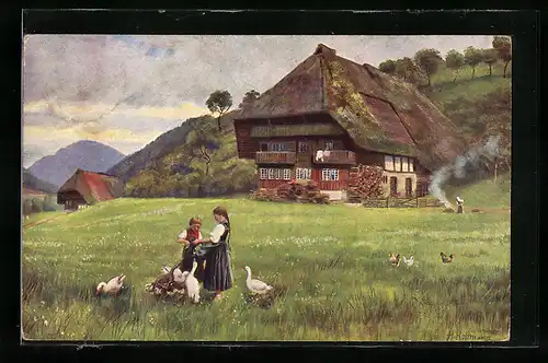 Künstler-AK Heinrich Hoffmann: Bauernhaus und Kinderpaar mit Gänsen