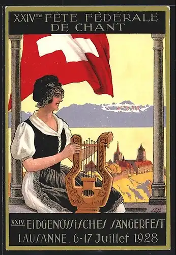 AK Lausanne, XXIV. eidg. Sängerfest 1928, Dame mit Harfe und schweizer Fahne