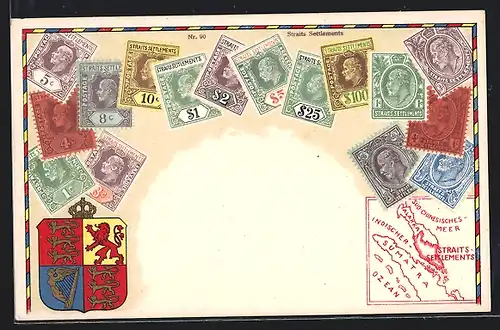 AK Straits-Settlements, Briefmarken und Wappen mit Krone, Landkarte