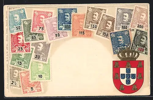 AK Briefmarken Portugals und Wappen