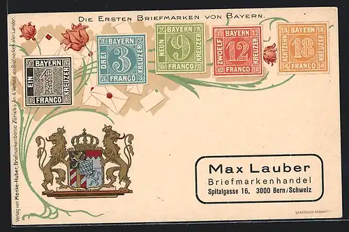 AK Die ersten Briefmarken von Bayern, Wappen, Blume