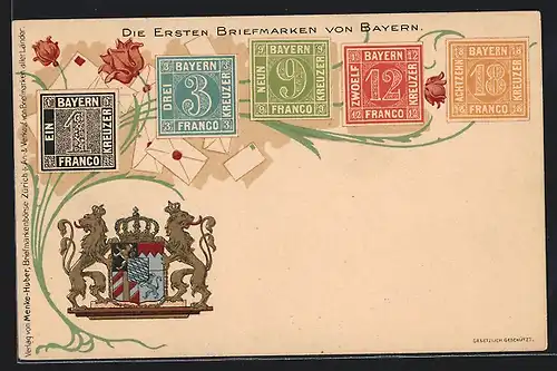 AK Die ersten Briefmarken von Bayern, Wappen, Blume