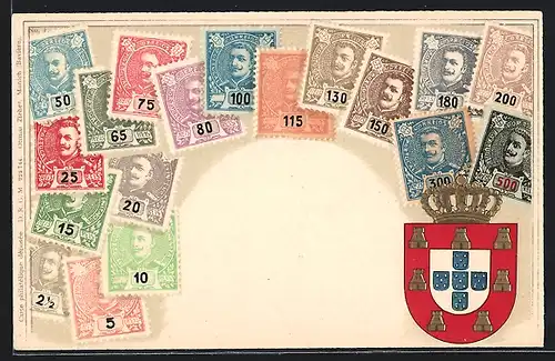 AK Briefmarken Portugals und Wappen