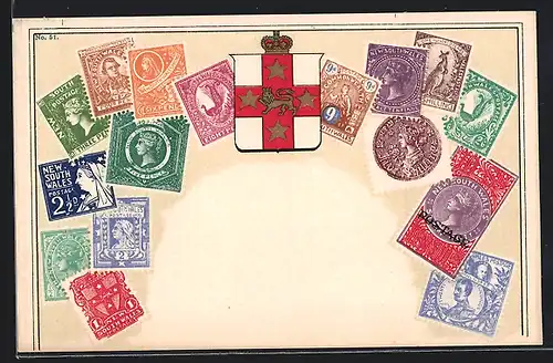 AK South Wales, Briefmarken und Wappen