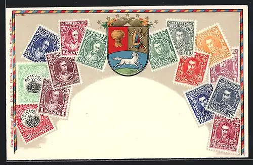 AK Briefmarken und Wappen aus Venezuela