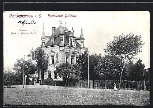 AK Crimmitschau i. S., Das Restaurant Bellevue, Bes. Emil v. Wolffersdorff