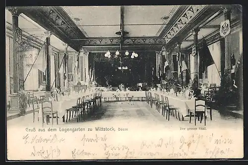 AK Wittstock /Dosse, Gasthaus Logengarten, Der grosse Saal, Innenansicht