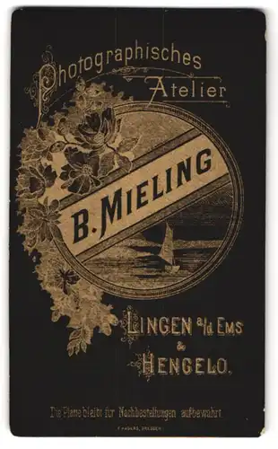 Fotografie B. Mieling, Lingen a. d. Ems, Segelboot auf der Ems mit floraler Jugendstil Verzierung