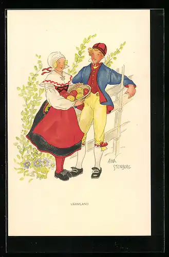 Künstler-AK sign. Aina Stenberg: Värmland, junge Frau mit einer Schale mit Äpfeln an einem Zaun