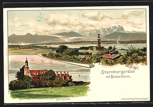Künstler-AK Otto Strützel: Bernried, Teilansicht, Starnbergersee mit Bismarkturm