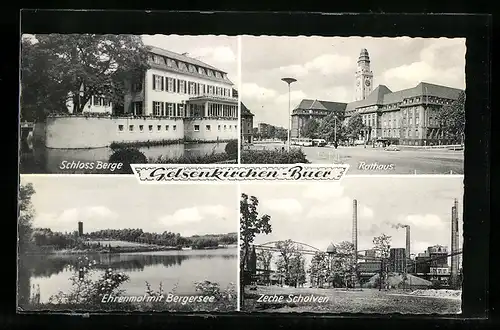 AK Gelsenkirchen-Buer, Schloss Berge, Zeche Scholven, Ehrenmal mit Bergersee