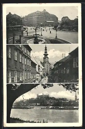 AK Bratislava, Platz mit Denkmal, Strassenpartie