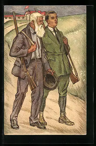 AK zwei Schützen mit Gewehren, 100 Jahre Schweizerischer Schützenverein 1924