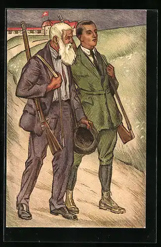 AK zwei Schützen mit Gewehren, 100 Jahre Schweizerischer Schützenverein 1924