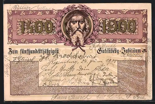 Künstler-AK Zum fünfhundertjährigen Gutenberg-Jubiläum, 1400-1900, Porträt von Gutenberg, Erfinder des Buchdrucks