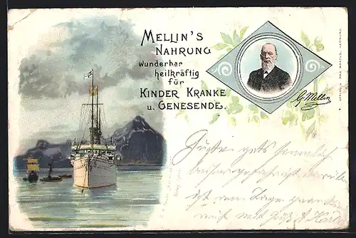 Lithographie Mellin`s Nahrung für Kinder, Kranke und Genesende, Reklame für Mellin`s, Segelboot