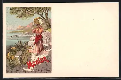 Künstler-AK sign. Hugo d`Alesio: Menton, Frau mit Weidenkorb auf einem Bergpfad