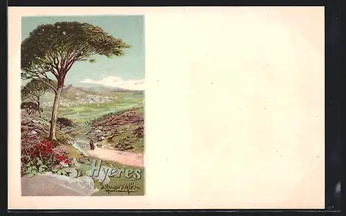 Künstler-Lithographie Hyères, Reklame für Tourismus, Blick zum Ort