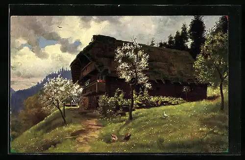 Künstler-AK Heinrich Hoffmann: Bauernhaus im Schwarzwald im Frühling