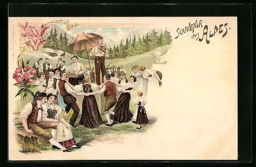 Lithographie Volkstanz, Souvenir des Alpes