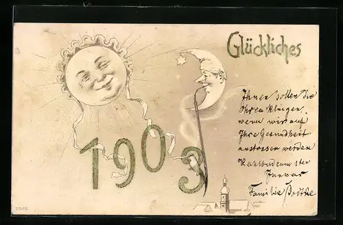 Künstler-AK Sonne und Mond mit Gesichtern, Jahreszahl 1903