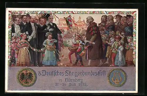 Künstler-AK Nürnberg, 8. Deutsches Sängerbundesfest 1912, Älterer Mann und Jungen mit Lauten