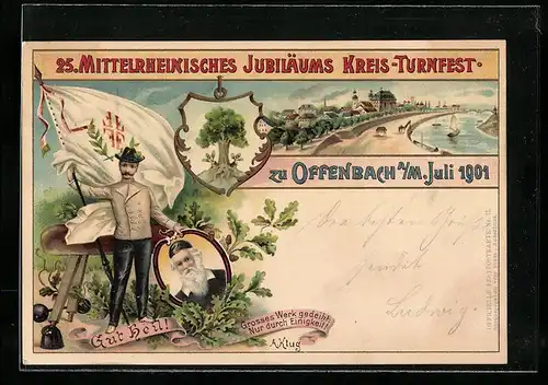 Lithographie Ganzsache PP15C30: Offenbach, 25. Mittelrheinisches Jubiläums Kreis-Turnfest 1901, Turnvater Jahn