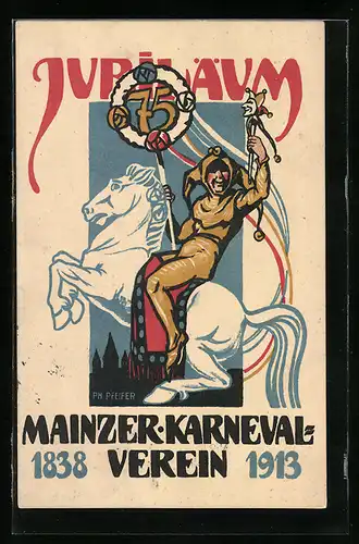 AK Mainz, Harlekin auf einem Ross zum Karneval Jubiläum 1913