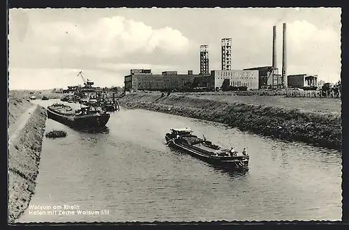 AK Walsum am Rhein, Hafen mit Zeche Walsum und Booten