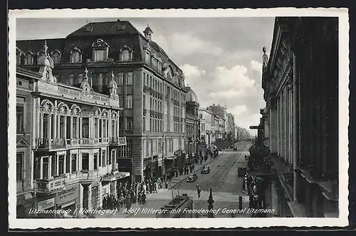 AK Litzmannstadt-Lodz, Strasse mit Fremdenhof General Litzmann, Strassenbahn