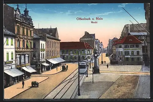 AK Offenbach, Markt mit Gasthaus zum Goldenen Engel und Strassenbahn