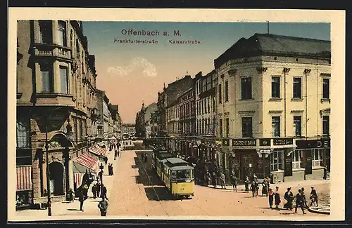 AK Offenbach a. M., Frankfurterstrasse und Kaiserstrasse mit Strassenbahn, Deutsche Bank