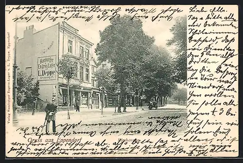 AK Hamburg-Eppendorf, Kirchenweg mit Hamburger En`gros Lager, Bes. L. Deppe, Kirchenweg 39